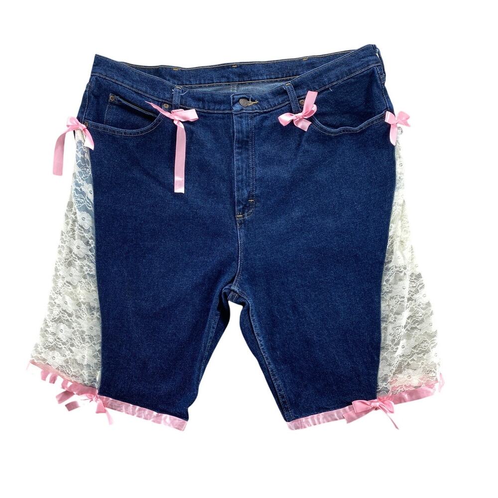 Custom Coquette Bow Denim Shorts 🎀 Fairy Kei Lace Wrangler 38 - Picture 2 of 9
